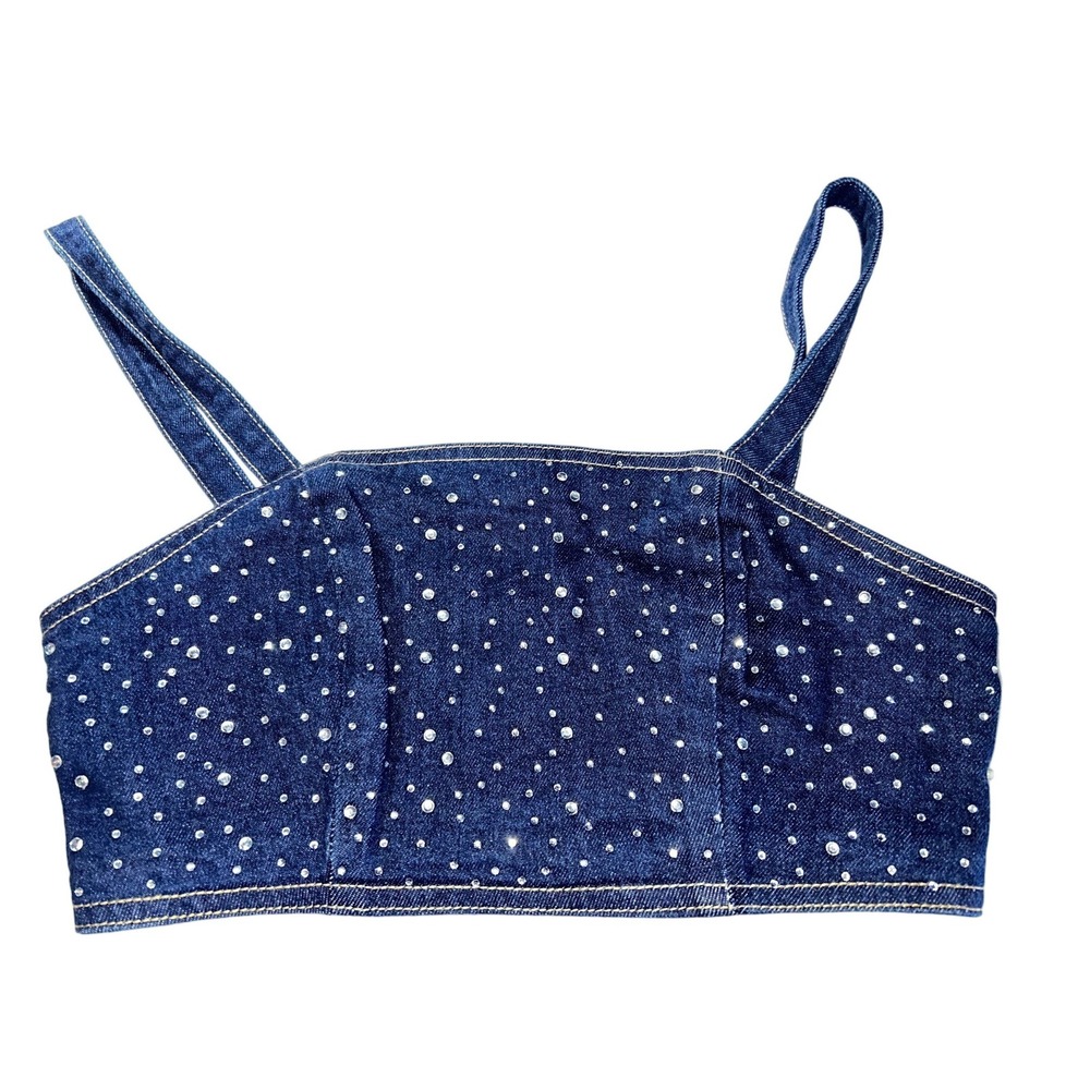Bold Elements x Ally Brooke Rhinestone Denim Crop Top Dark Wash‎ Blue XS